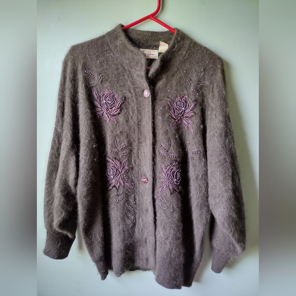 Vtg Eddie Wassin Angora Rabbit Hair & Lambswool Beaded Cardigan Sweater